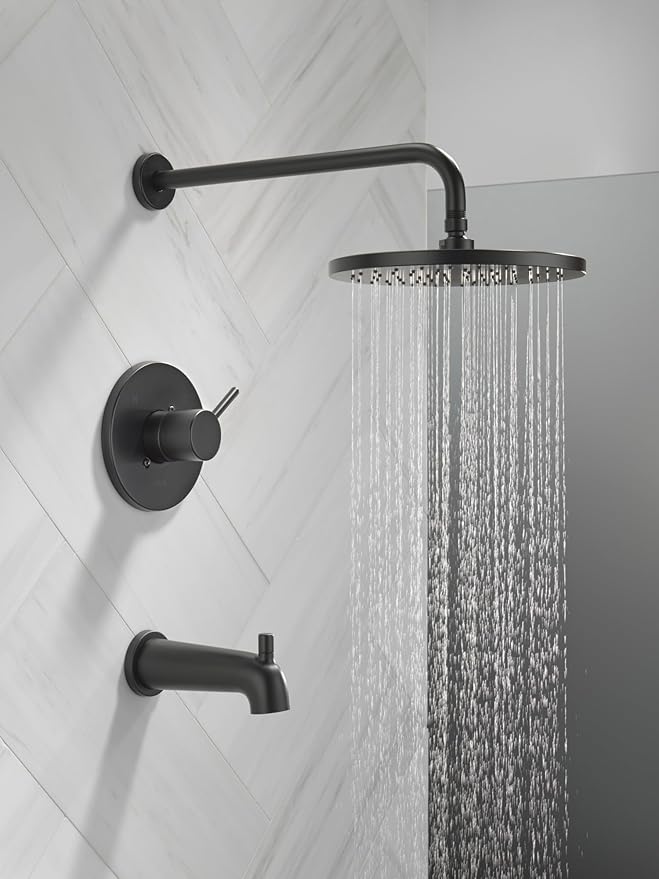 Delta Faucet Modern Raincan Round Single-Function Tub and Shower Trim Kit Black, Tub Faucet Set, Rainfall Shower Head Black, Delta Shower Trim Kit, Matte Black T14469-BL-PP (Valve Not Included)