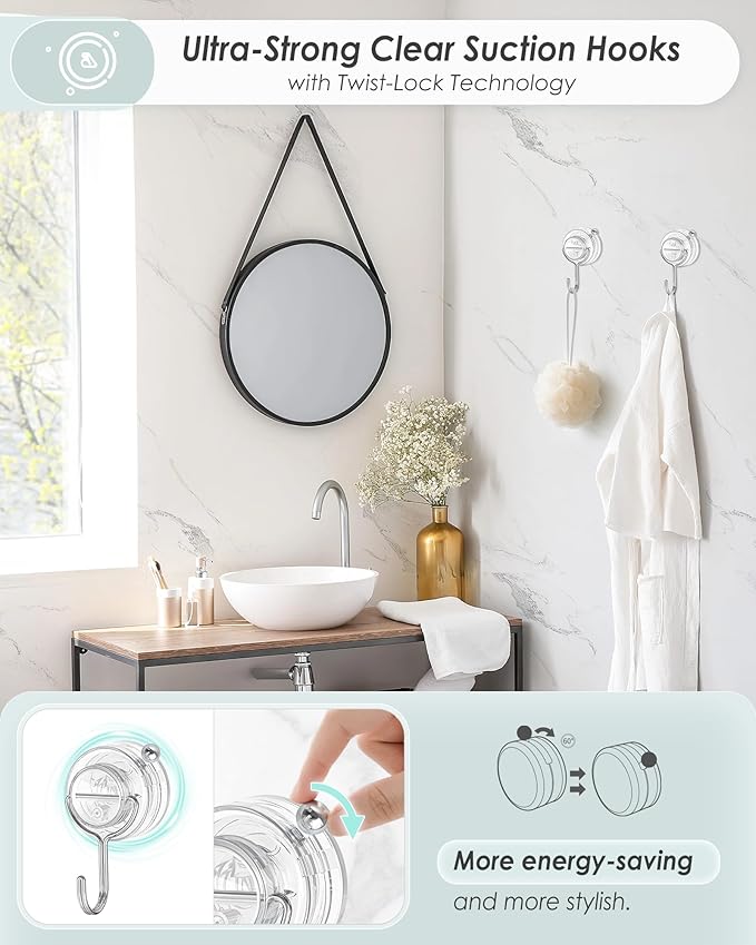 Suction Cup Hooks for Shower, Upgrade Twist-Lock Clear Suction Towel Hooks Heavy Duty Removable Bathroom Suction Hooks for Shower Tile Wall Glass Door Window 2 Pack