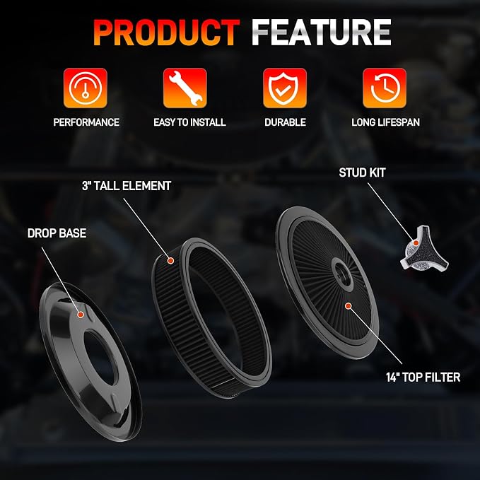 14"x3" High Flow Round Air Cleaner Filter Assembly Kit - Image 5