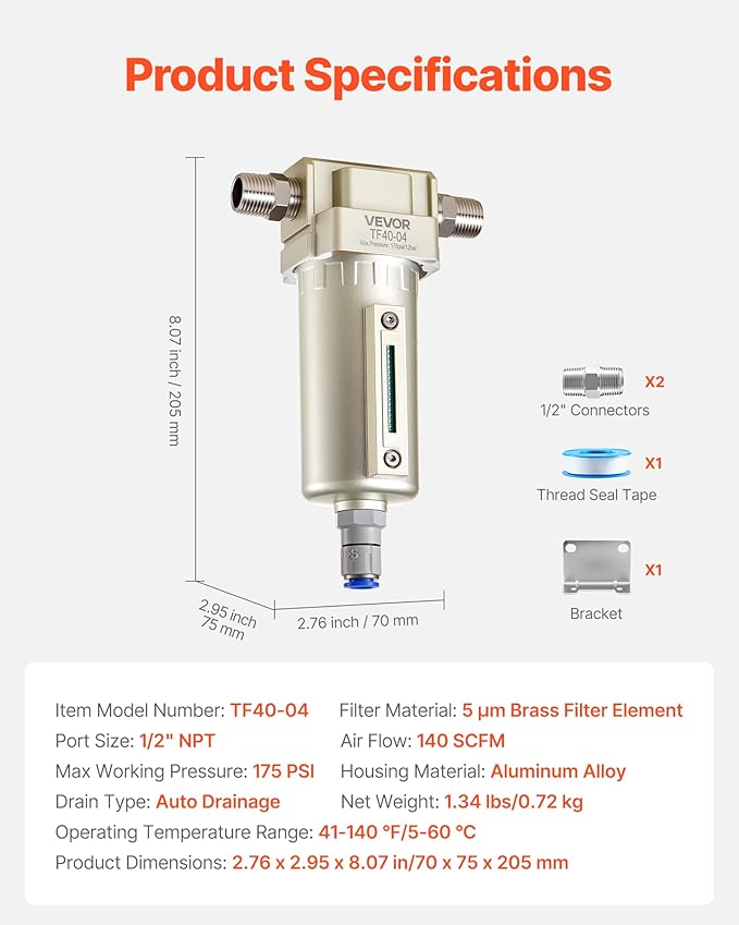 VEVOR Air Compressor Filter, 1/2" NPT Air-Dryer - Image 7