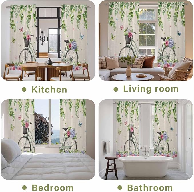 Farmhouse Spring Kitchen Curtains, Retro Bicycles Flowers Vines Butterfly Light - Image 8