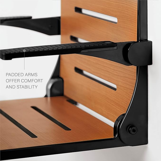 Seachrome Silhouette Comfort Folding Wall Mount Shower Bench Seat with Arms, Teak Seat with Matte Black Frame