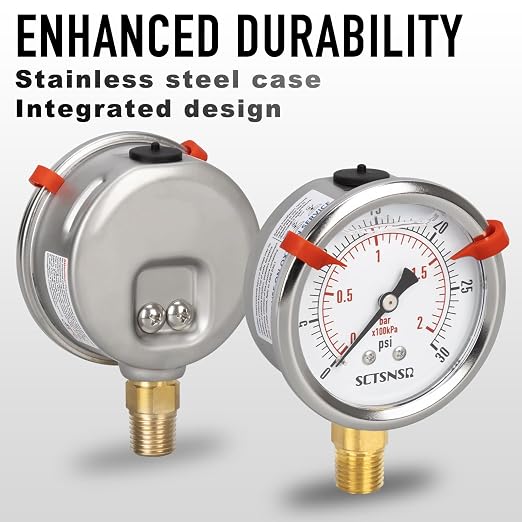 0 to 30 Psi Pressure Gauge, Glycerin Liquid Filled, 2.5 inch Dial, 1/4" NPT - Image 3