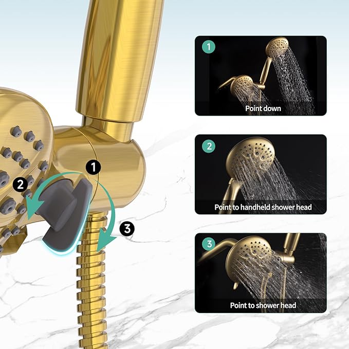 SR SUN RISE 5-Spray Dual Shower Head Cmbo Tub Faucet Set 3-Way Shower Head and Hand Held Shower Tub Faucets Sets Complete Single-Handle Tub and Shower Trim Kit, Brushed Gold (Valve Include）