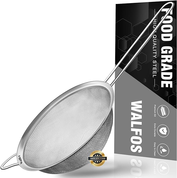 Walfos 6.3 Inch Fine Mesh Strainer, Premium Stainless Steel Sieve and Sifter by Walfos