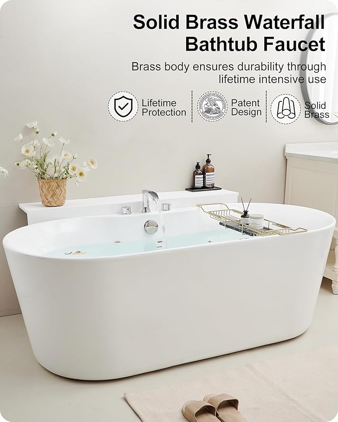 Waterfall Bathtub Faucet Set, Chrome Deck Mount Tub Faucet High Flow Brass Bath Tub Faucets 6-16 Inch 2 Handle Widespread Roman Tub Faucet 3.25 gal/Min Psi 60 1/2" Water Supply Line No Leaks