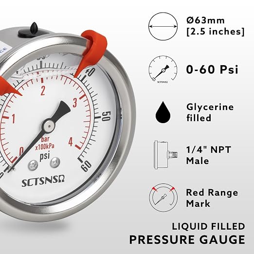 0 to 60 Psi Pressure Gauge, Glycerin Liquid Filled, 2.5 inch Dial, 1/4" NPT - Image 2