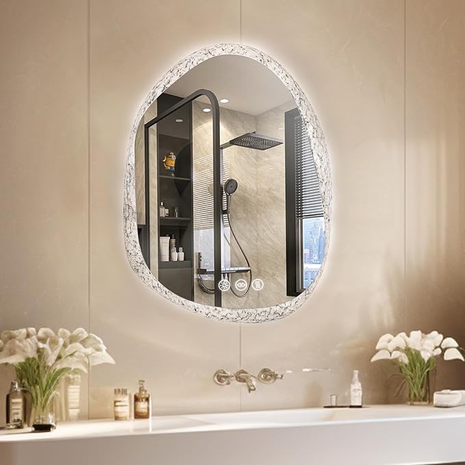 LUVODI Lighted LED Bathroom Mirror: 28”x20”Irregular Stone Pattern Frosted Wall by LUVODI