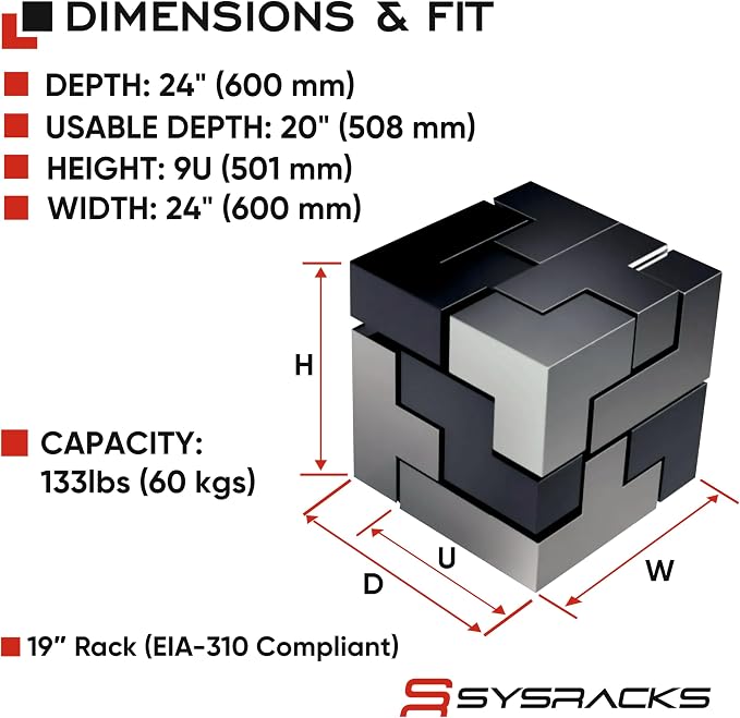 Sysracks 9U Wall Mount Server Rack Cabinet, 19” Locking Network Rack, 24” Deep - Image 3