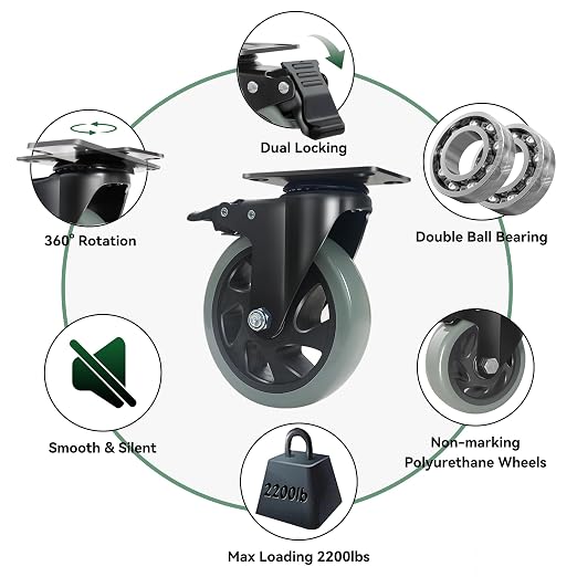 5" Caster Wheels Set of 4 Heavy Duty, BZOLIHEU Swivel Caster - Image 5