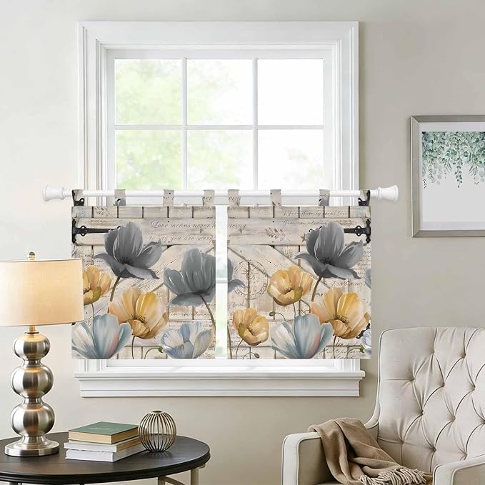 Spring Tulips Flower Kitchen Curtains 24 Inch Length, Small Window Curtains Tab - Image 2