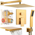 Wall Mounted Shower Faucet Set, Shower System with Tub Spout, 12 Inch Rainfall Shower Head with Handheld Spray, Waterfall Tub Spout Bathtub Faucet, Brushed Gold