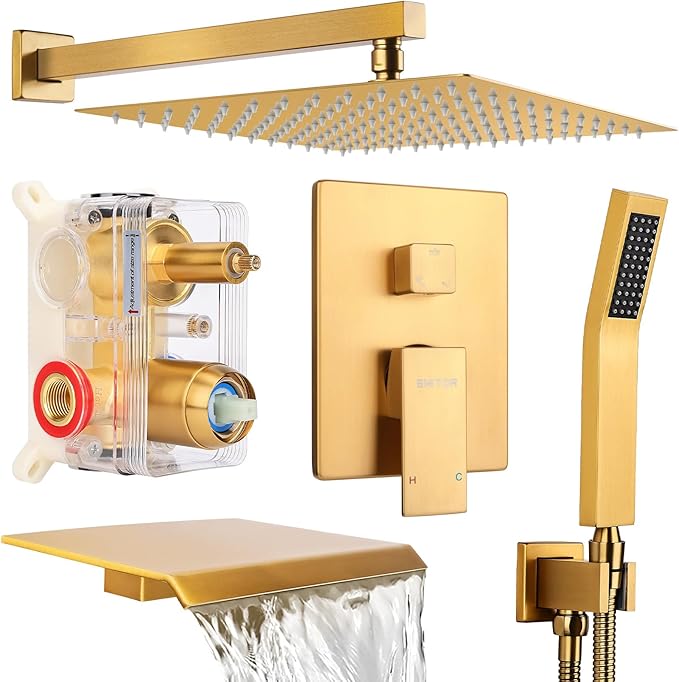 Wall Mounted Shower Faucet Set, Shower System with Tub Spout, 12 Inch Rainfall Shower Head with Handheld Spray, Waterfall Tub Spout Bathtub Faucet, Brushed Gold