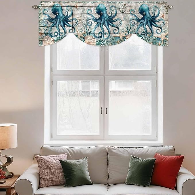 Sea Octopus Ocean Starfish Tie Up Valance Curtains, Nautical Anchor Vintage by IDOWMAT
