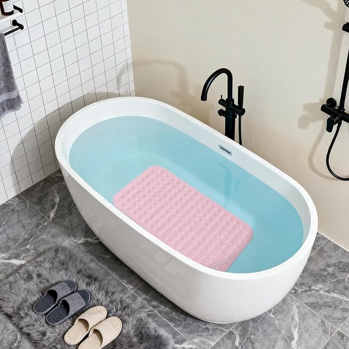 Anti-Slip Bathtub Shower mat, 27.5×14.5（Approximately 70×37cm） inch Soft Oversized Machine Washable Non-Slip Bathtub mat with Drainage Holes, Bathroom Floor Suction Cup.（1-Opaque Pink）