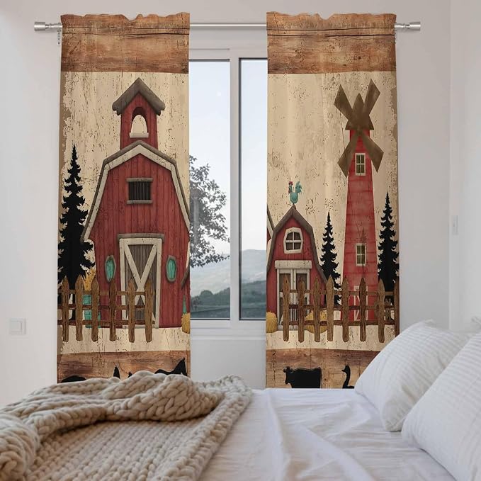 Brown Farmhouse Kitchen Curtains, Vintage Country Animals Wooden Grain Light - Image 4