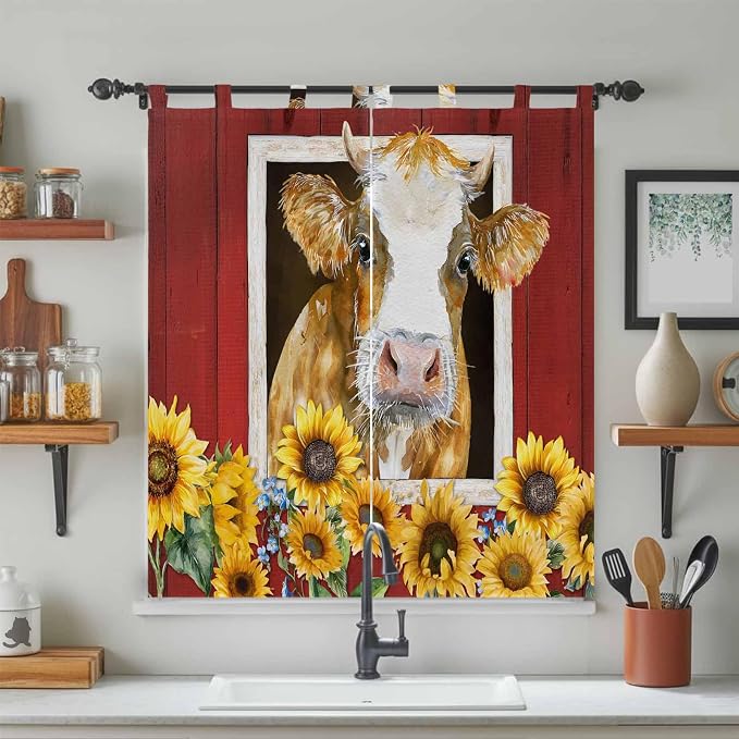 Cows Sunflowers Bedroom Curtains 72 Inch Length, Window Curtains Tab Top - Image 3