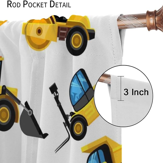 Kids Construction Equipment Window Curtains, Excavator Tractor Tow Truck Rod - Image 6