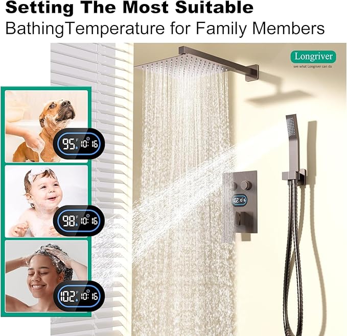 Push Button Diverter Shower Faucet Set Hydro Power Temperature Display, Shower System 10 Inches Shower Head with Handheld Spray, Wall Mounted Shower Fixtures with Valve and Trim Kit, Oil Rubbed Bronze