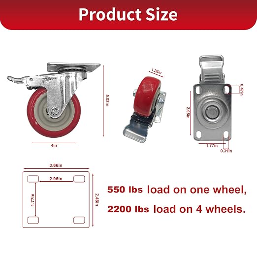 8 Pcs 4 Inch Heavy Duty Casters, Lockable Swivel Bearing Caster - Image 2