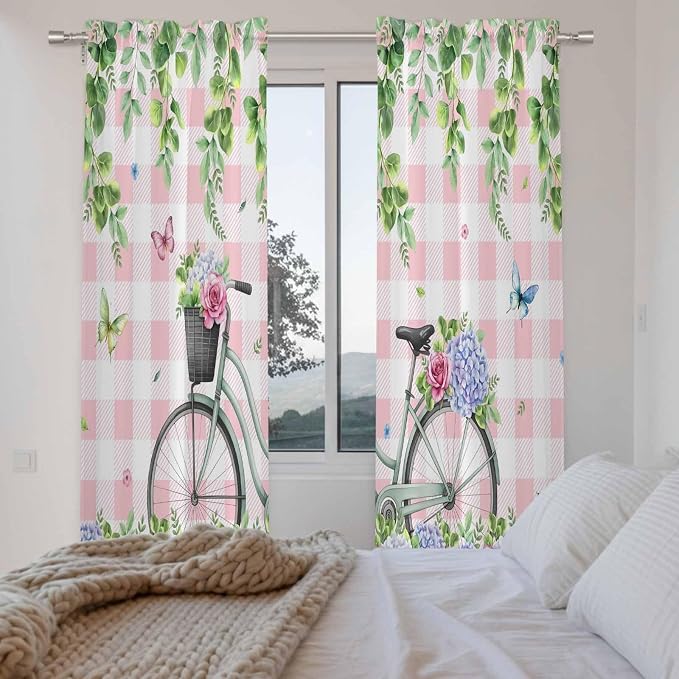 Spring Kitchen Curtains, Bicycles Leaves Butterfly Flowers Pink Buffalo Plaid - Image 4