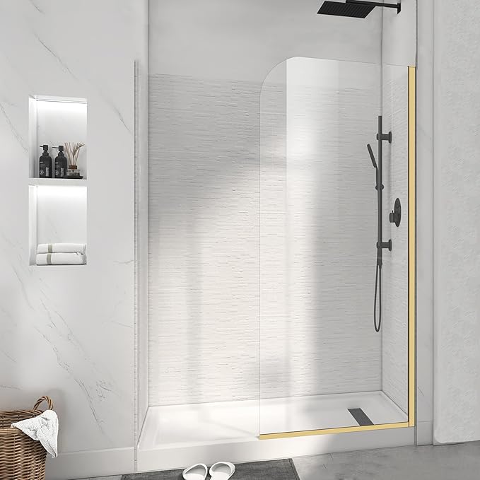 Glass Shower Panel, 30" W x 78" H Semi-Framed Fixed Shower Panel in Brushed Gold with 5/16"(8mm) Clear Tempered Glass Door, Simple Shower Door Panel for Bathroom