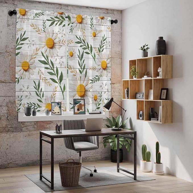 Spring Daisy Kitchen Curtains, Farmhouse Country Flower Leaf Plant Wood Grain - Image 6