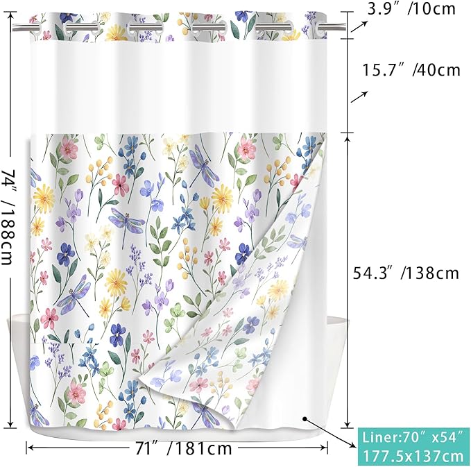 No Hook Shower Curtain Set with Snap in Fabric Liner for Bathroom,with See Through Top Window,Double Shower Curtain with Detachable Liner Replacement,Machine Washable,Flowers,71"x 74"