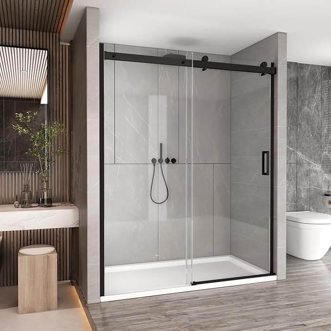 Sunrosa Semi-Frameless Glass Shower Door, 60" W x 76" H Single Sliding Shower Door, Shower Door with Tempered Glass 5/16"(8mm), Black