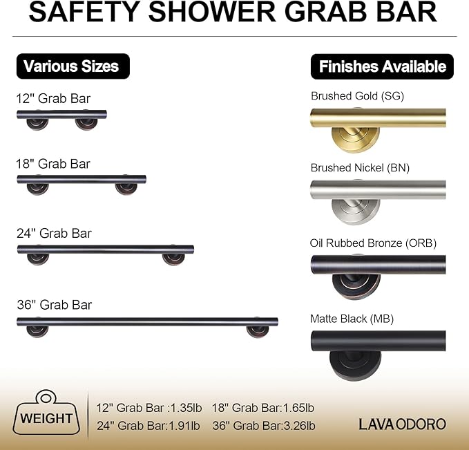 Lava Odoro Shower Grab Bar, Modern Set Stainless Steel Handicap Grab Bar for Bathtubs and Showers, Shower Safety Bar for Seniors Disabled, ADA-Compliant (Oil Rubbed Bronze, 3 Pack 18", 24'', 36")