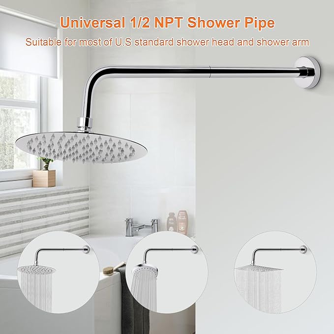 HarJue Shower Arm with Flange and Teflon Tape, Wall Mounted Shower Pipe 304 Stainless Steel Extension Arm for Fixed Shower Head & Handheld (24 Inch, Chrome)