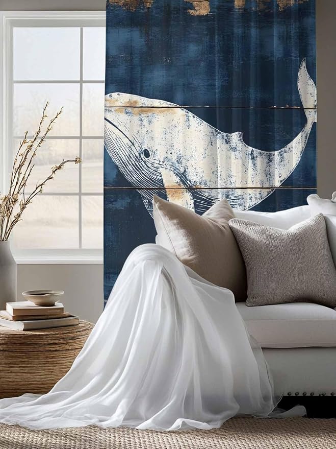 Sheer Curtains 63 Inch Length, Ocean Whale Blue Semi Sheer Curtains Light - Image 4