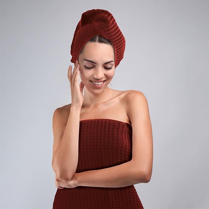 PÜSKÜL Organic Waffle Kitchen Towel 100% Turkish Cotton Set of 3 Red Brick - Premium Quality, Soft, Quick-Dry, Absorbent, Lint-Free Hand Towels 32X16 Inches (3, Brick)