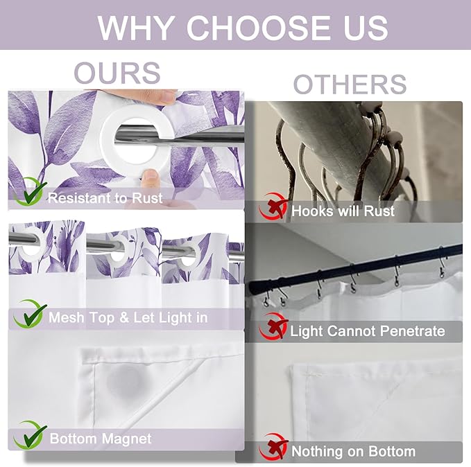 No Hook Shower Curtain and Liner Set, Light Purple Eucalyptus Floral Shower Curtains for Bathroom, Bath Curtain Sets with Snap in Liner, Waterproof with See Through Top Window, 71x77 Inches