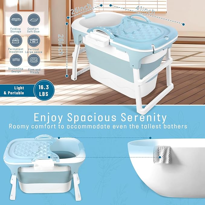 Portable Bathtub Foldable Bathtub for Adults, 39 Inch Small Tub with Ergonomic Seat & Massage Roller, Ice Bath Tub for Shower, Sitz Bath, Ice Baths Freestanding Bathtubs for Bathroom Blue