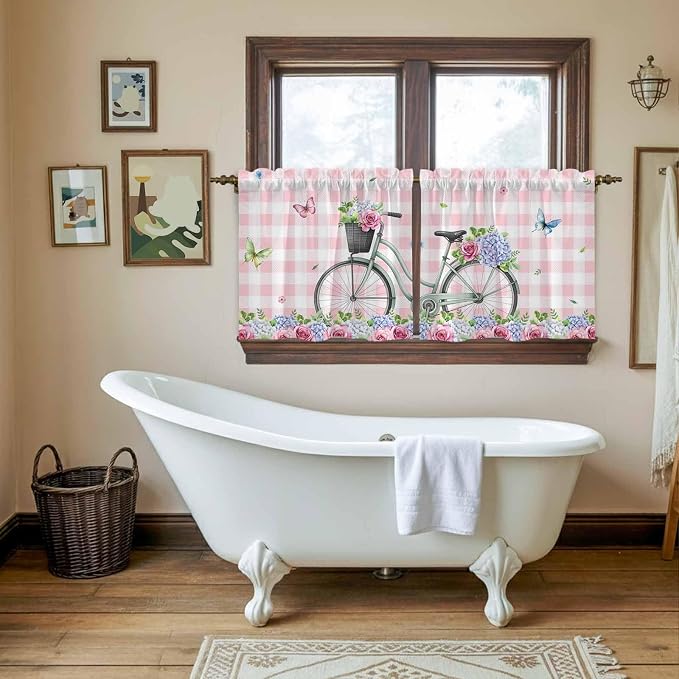 Spring Tier Curtains, Bicycles Leaves Butterfly Flowers Pink Buffalo Plaid - Image 5