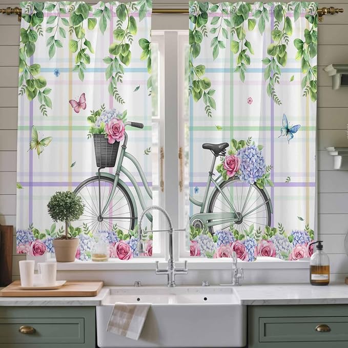 Spring Kitchen Curtains, Bicycles Botanical Leaves Rose Colorful Stripes Light - Image 2