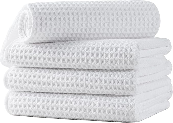 Microfiber Waffle Hand Towels, 4 Pieces, Soft, Absorbent, Fast Drying, Lint Free (White)