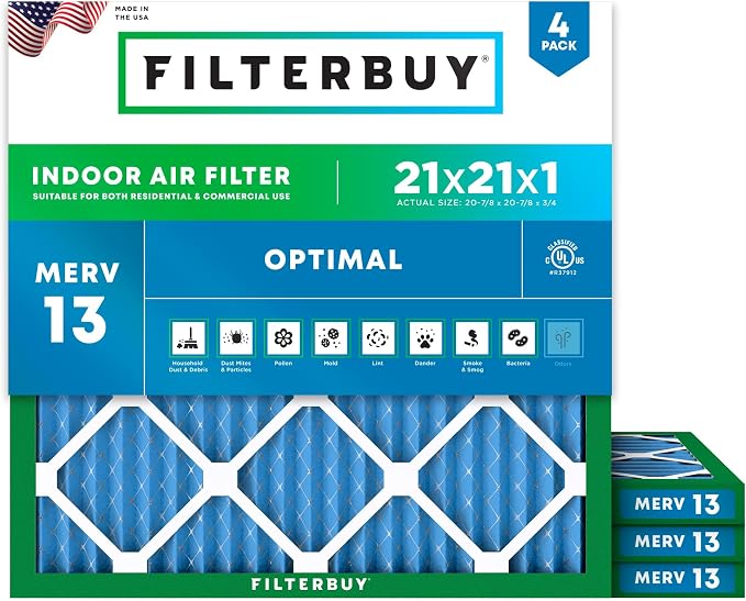 Filterbuy 21x21x1 Air Filter MERV 13 Optimal Smoke & Allergy Defense, by Filterbuy