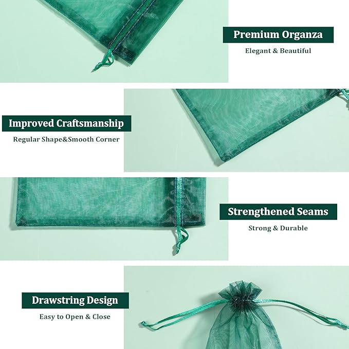Hopttreely 100PCS Dark Green Organza Bags, 4X4.72 inch Mesh Bags Drawstring Gift Bag, Jewelry Pouches for Party, Christmas, Festival, Bathroom Soaps, Makeup Organza, Wrapping Supplie
