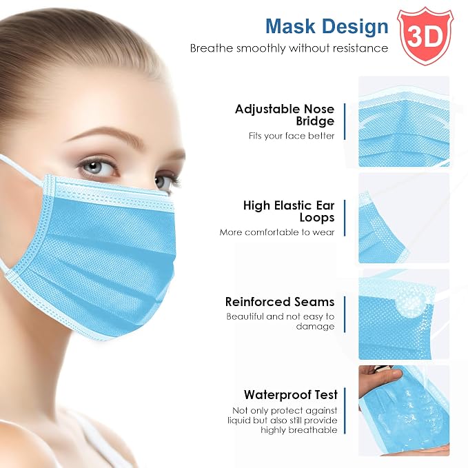 NNPCBT Blue Disposable Face Masks 125 Pack, 3-Ply Breathable Mask - Image 3