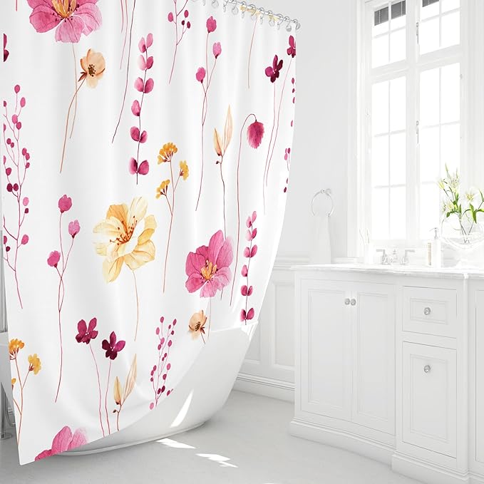 Gibelle Watercolor Floral Shower Curtain, Hot Pink Flower Shower Curtain for Bathroom, Modern Minimalist Waterproof Fabric Shower Curtain Set 72x72 Inch