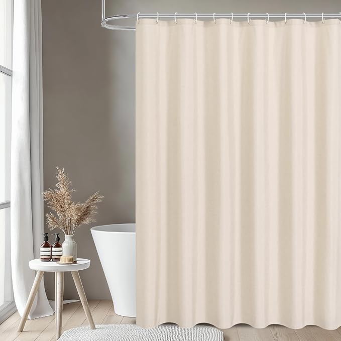 2-in-1 Waterproof Extra Long Fabric Shower Curtain or Liner,Linen Textured,84 Inch Breathable TPU & Washable Bathroom Shower Curtain Set with 12 Plastic Hooks,Modern,72"x84" Cream