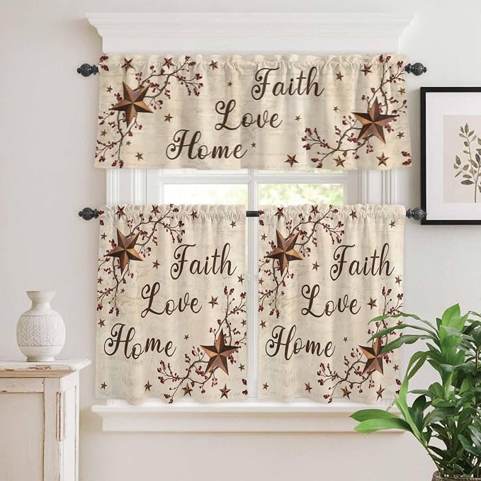 Kitchen Curtains Tiers and Valance Set of 3, Retro Country Stars Rustic - Image 2