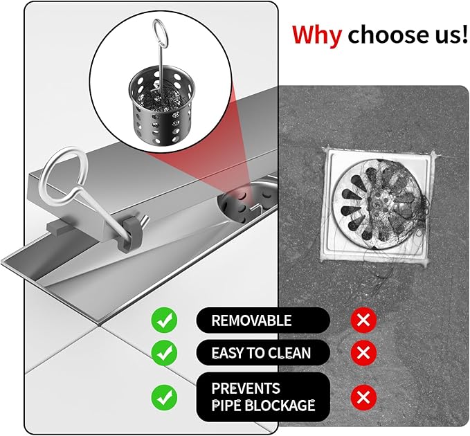 Linear Shower Drain, 304 Stainless Steel with Adjustable Leveling Feet, Hair Strainer,Reversely Install Place to Create an Invisible Floor Drain - Silver -12-Inch