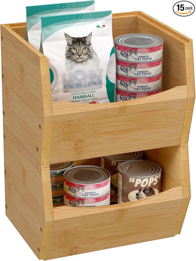 2 Set Open Front Small Stackable Storage Bins, Bamboo Stacking Storage Bins Snack Tea Bags Fruits Spices Countertop Storage, Rustic Organizer Bins for Pantry, Kitchen, Office, Bedroom (Small Natural)