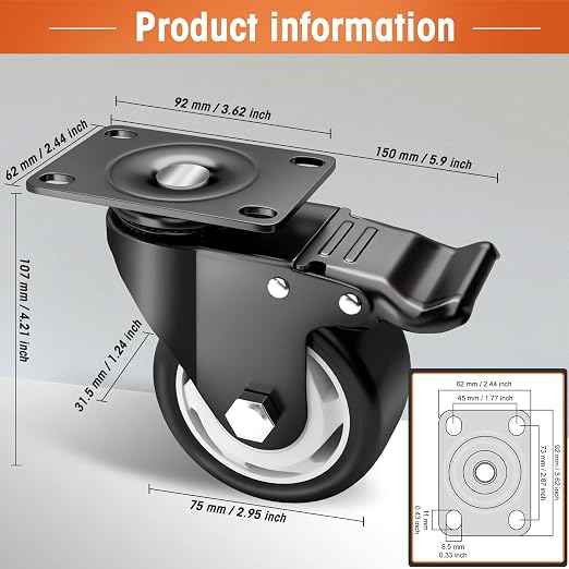 Casters, Top Plate Swivel Wheels, Locking Casters - Image 5