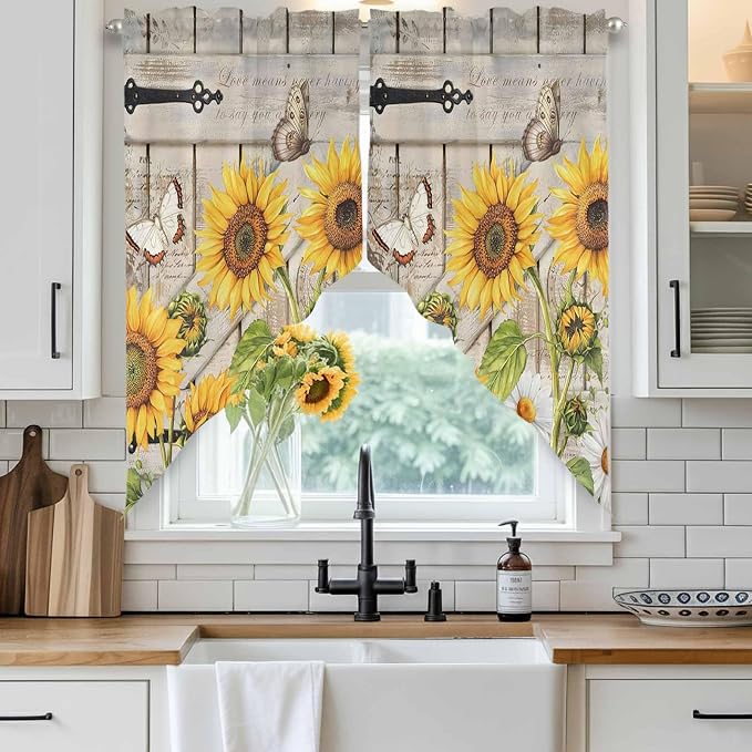 Farm Flowers Swag Valances for Windows, Retro Sunflowers Barn Doors Butterfly - Image 2