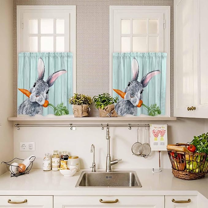 Easter Kitchen Curtain Set, Spring Rabbit Botanical Carrots Green Wooden Grain - Image 4