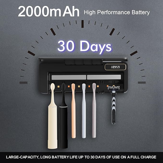 UV Toothbrush Sanitizer Holder for Bathrooms, 5+1+1 Slots Toothbrush Sanitizer and Holder, Rechargeable Cordless Wall Mounted Tooth Brush Holder with Heating Functions, No Drilling (Black)